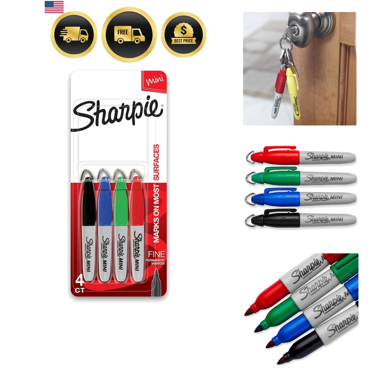 Mini Permanent Markers, Fine Point, Assorted Colors, 4 Count