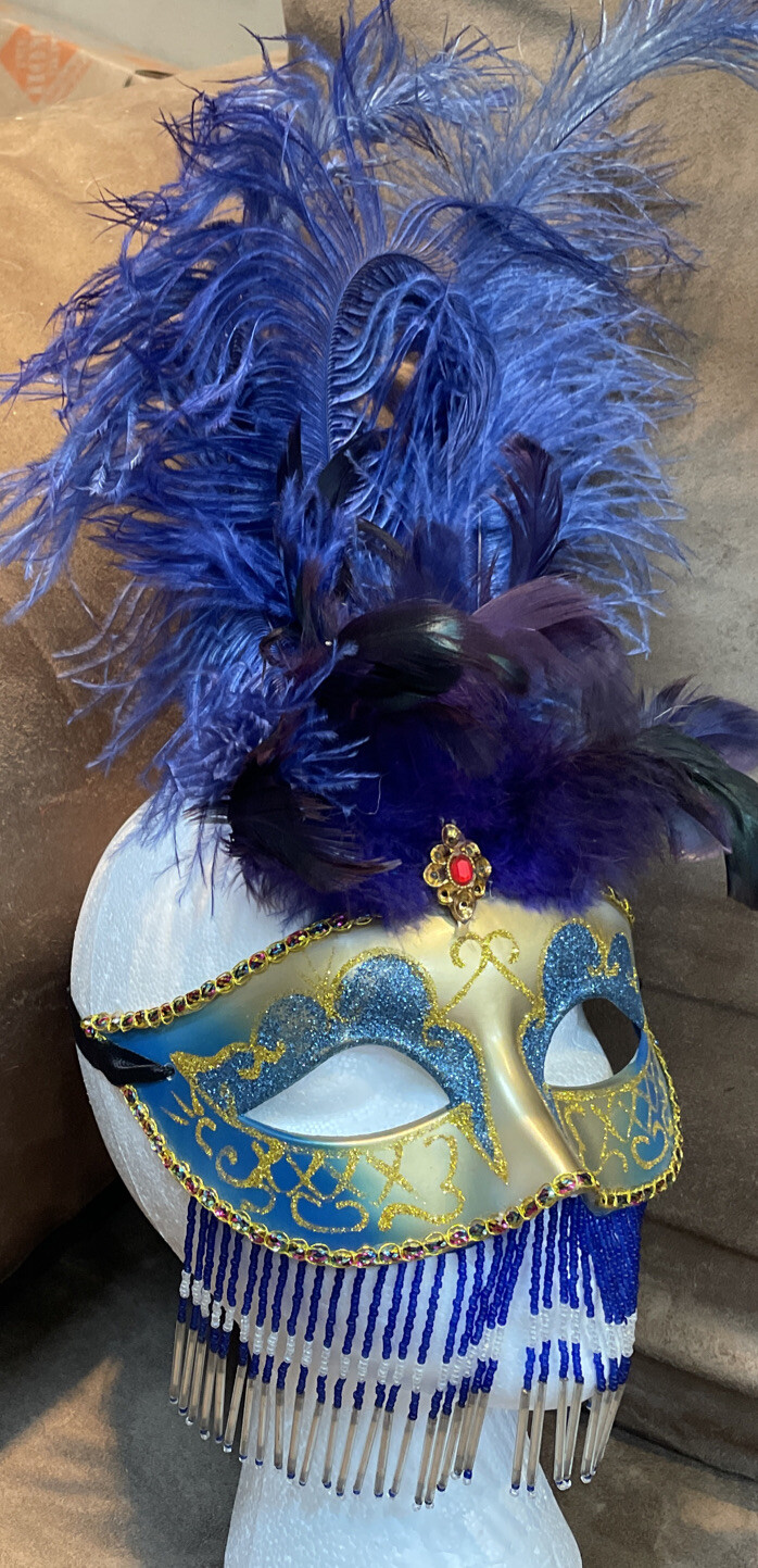 MARDI GRAS MASK FEATHERS & BEADS SHIMMERING COSTUME ACCESSORY