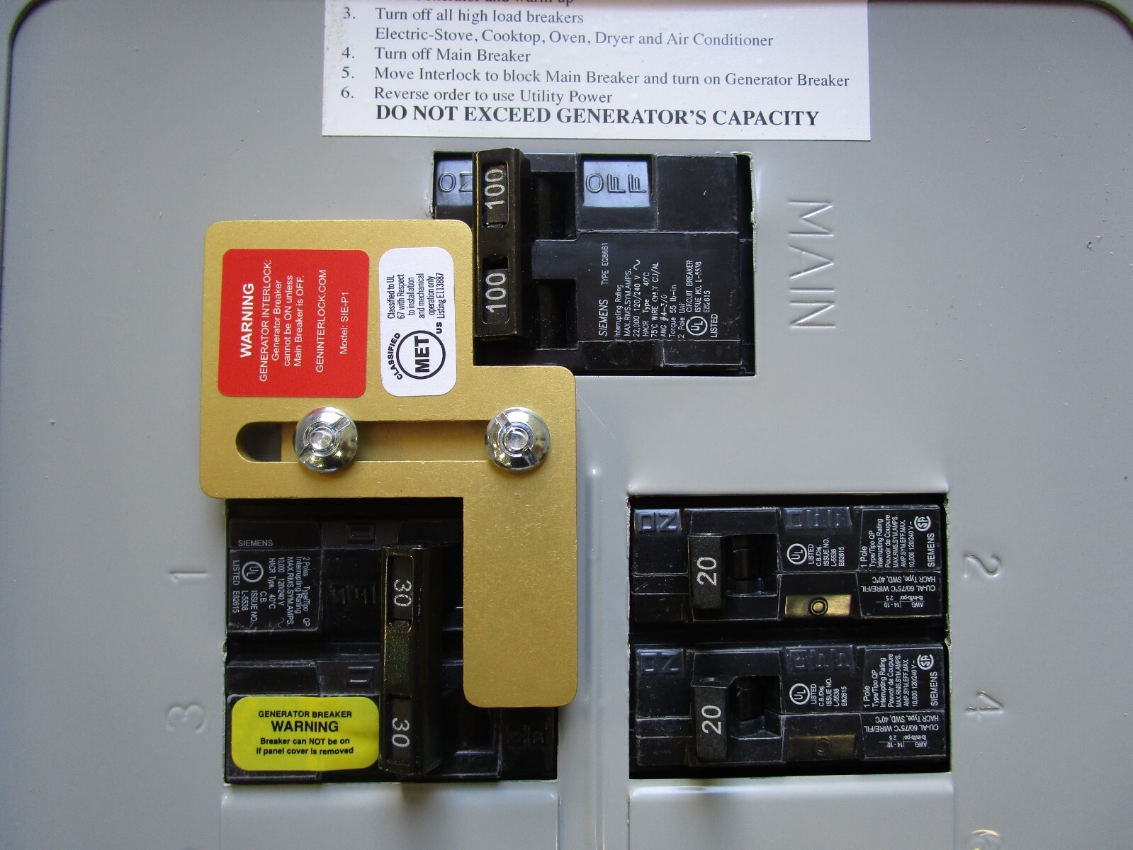 GenInterlock SIE-P1 Murray, Siemens Generator interlock kit 100A Panel LISTED