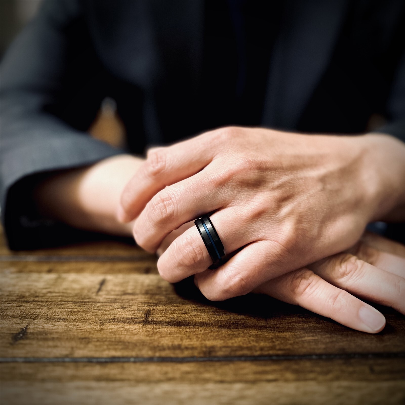 Personalized Engraved Black Tungsten Brushed Thin Blue Line Wedding Band Ring