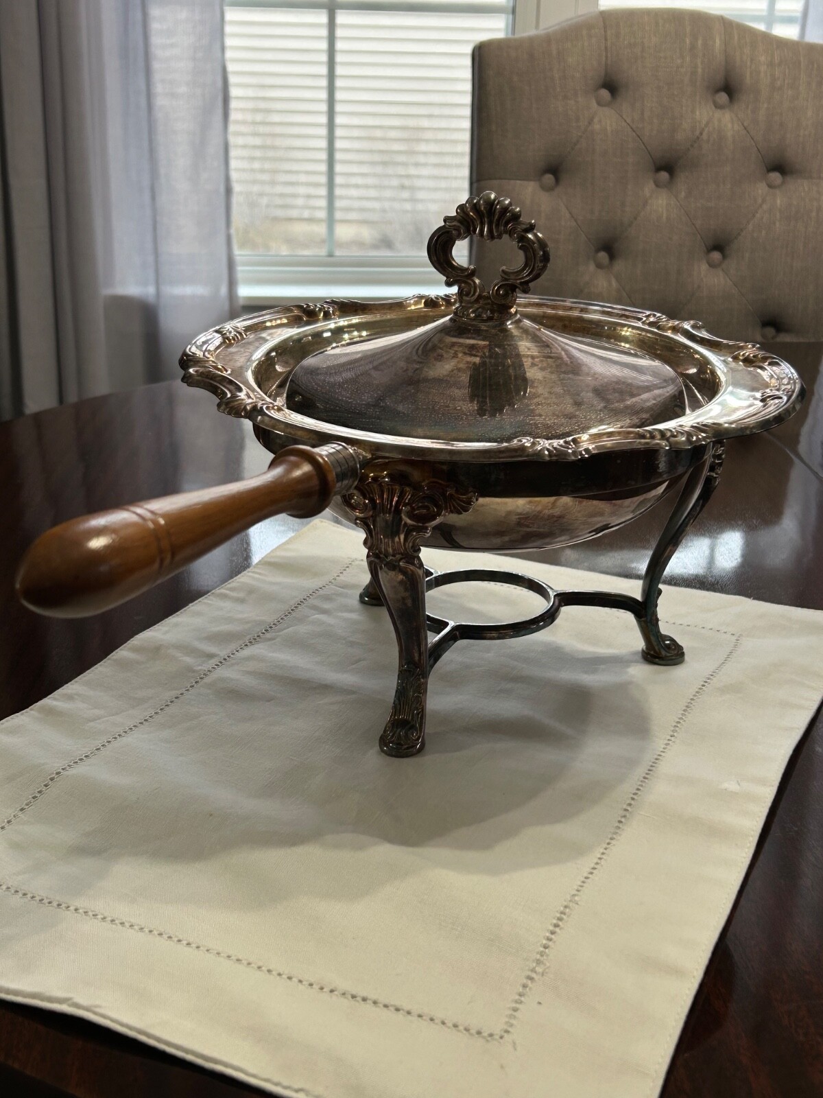 Vintage Gorham Silver Plated Chafing Dish with Lid and Stand Wooden Handle