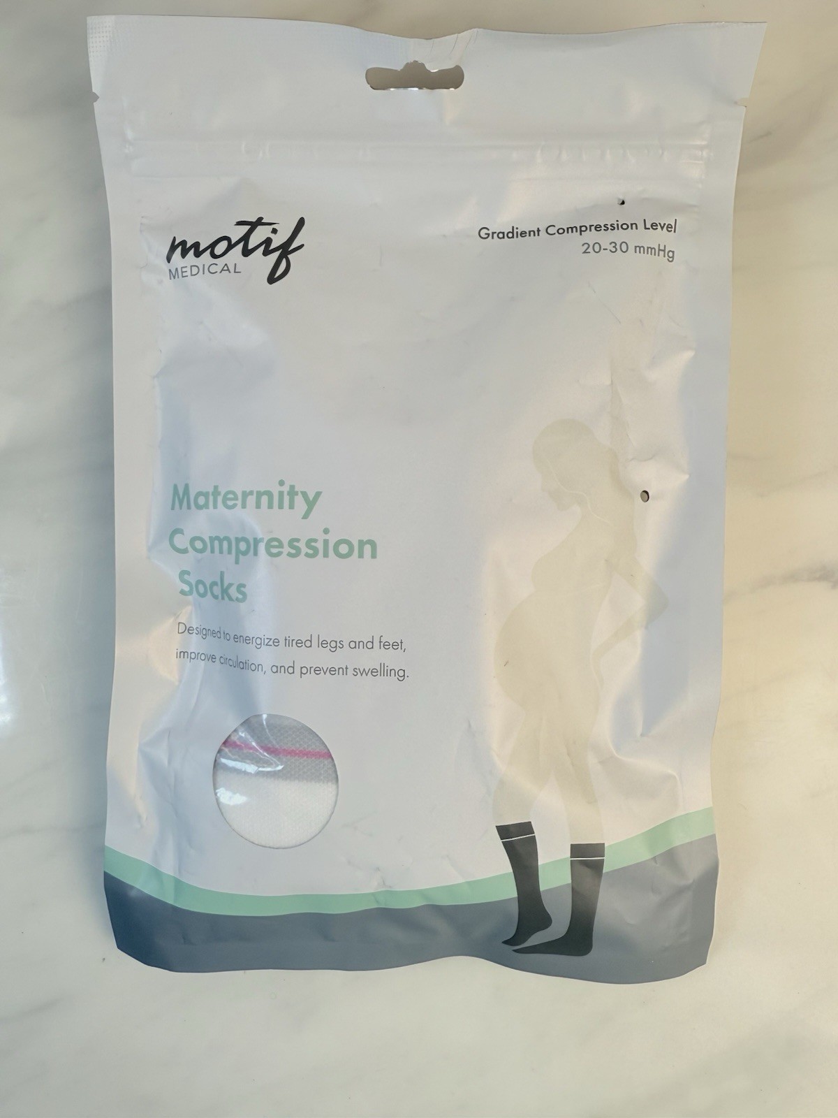 Motif, Maternity Compression Socks, White Pink Gray Stripes, Large