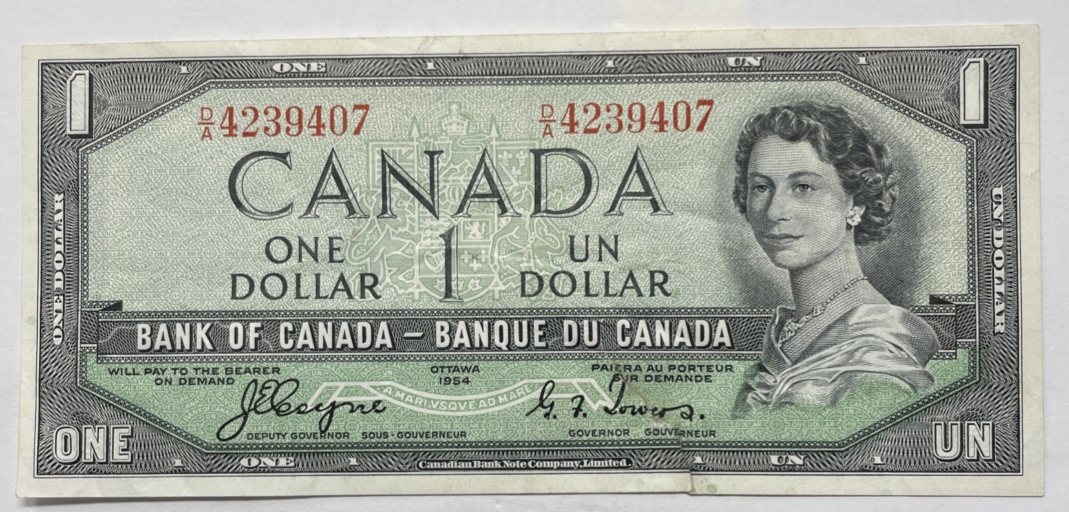 1954 Devils Face Canada $1, Coyne-Towers. BC-29a. VF+ Detail, Tear . B-281