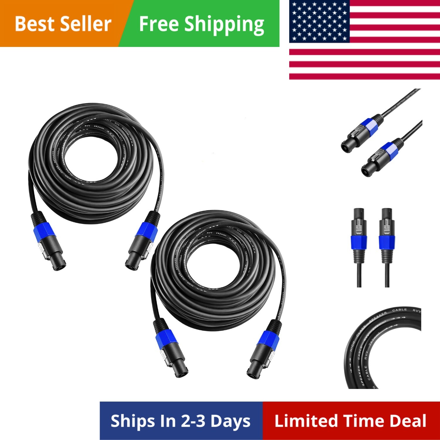 2Pcs 3 Feet Professional Speakon to Speakon Cables Wire Speaker Audio Amplifi...