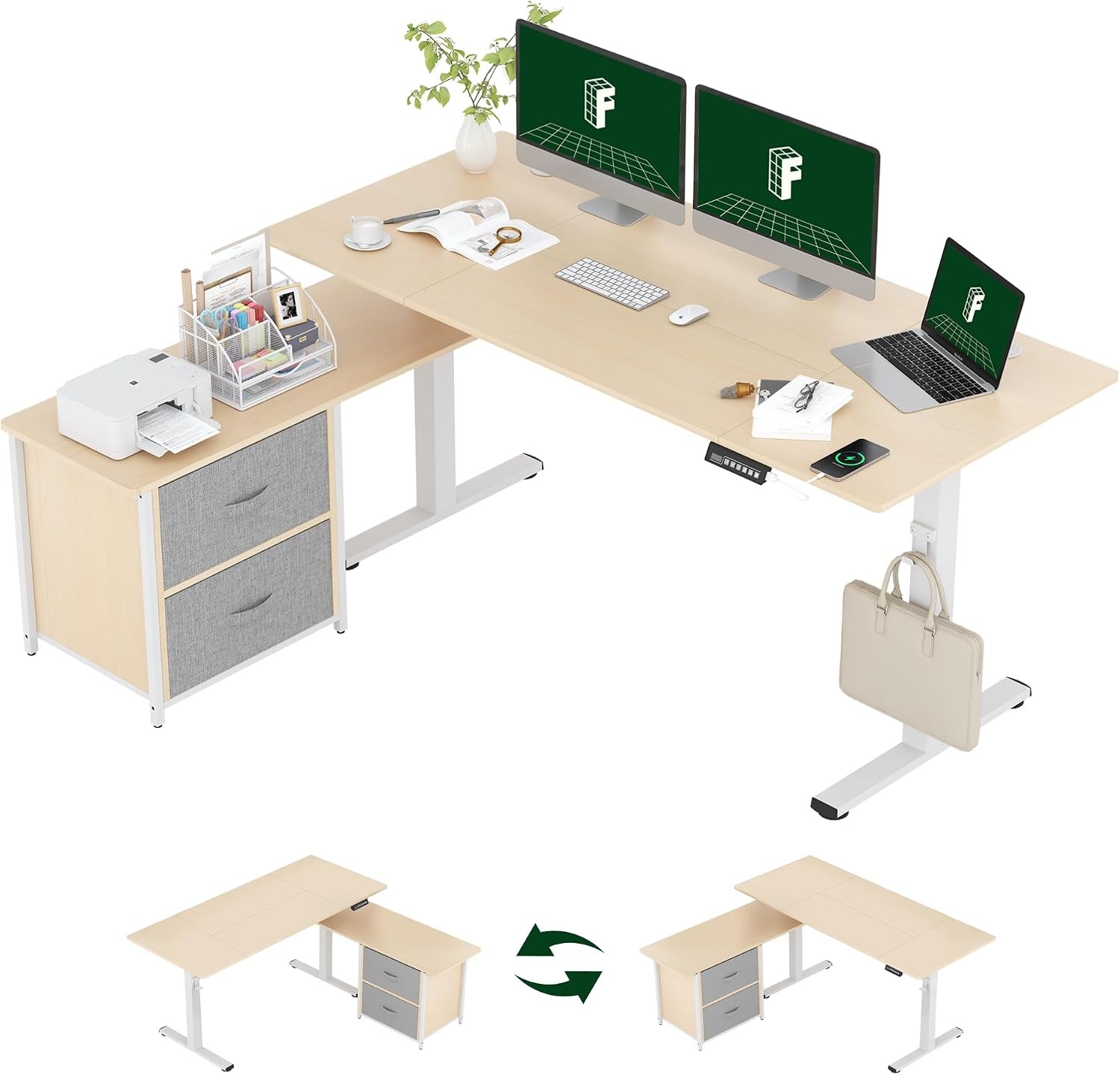 L Shaped Standing Desk W/ Drawers 63" × 28" Spacious Workspace Reversible Design