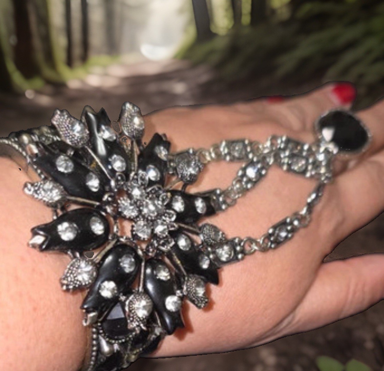Black Rhinestone Gothic ArtDeco Boho Hand Chain Finger Slave Ring Bracelet Gypsy