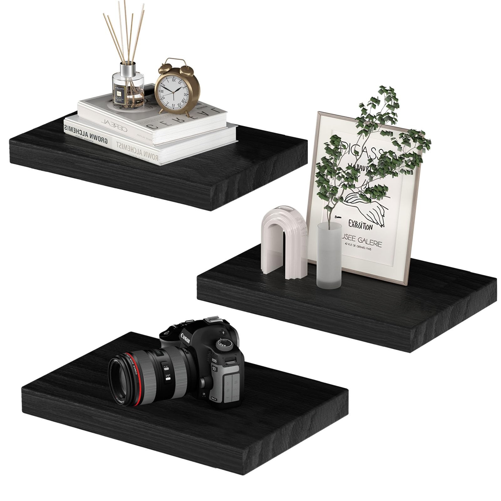 Small Floating Shelves for Wall - 12 x 9 Inch Black Shelves for Bedroom, Livi...