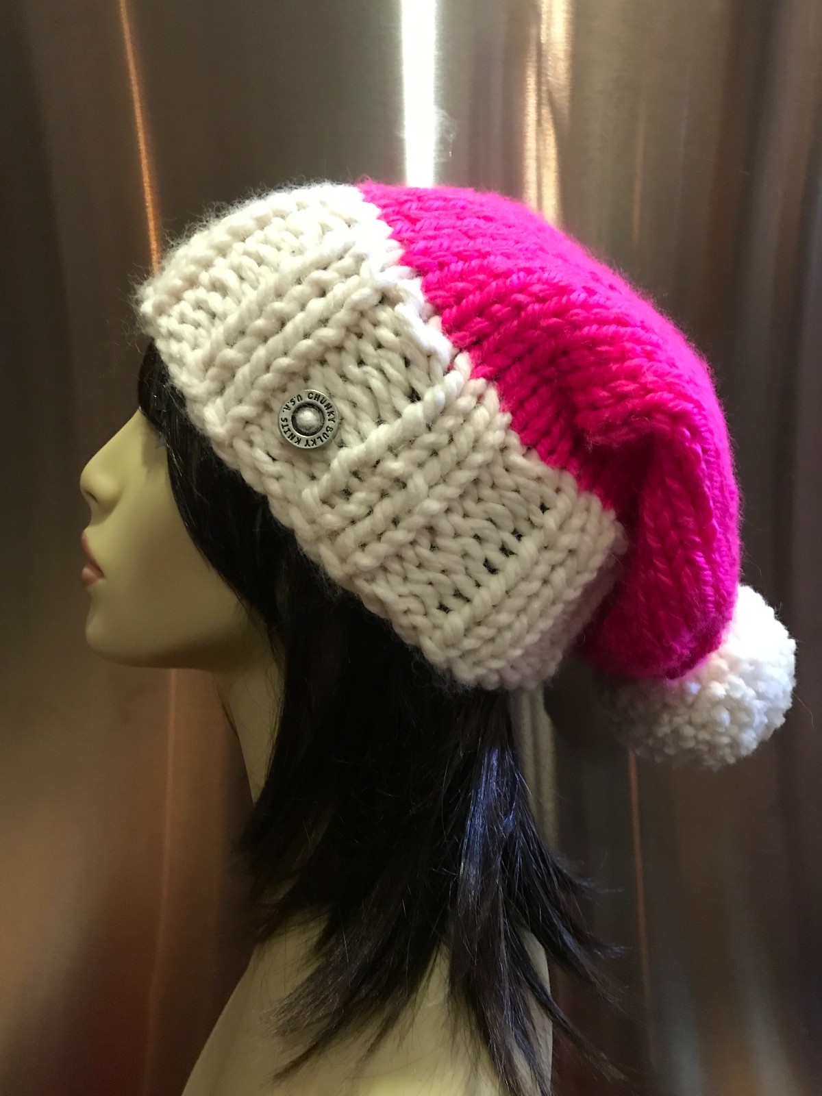 Mrs. Santa Claus Chunky Hand Knit Unisex Fuchsia Hot Pink & Ivory Santa Slouchy