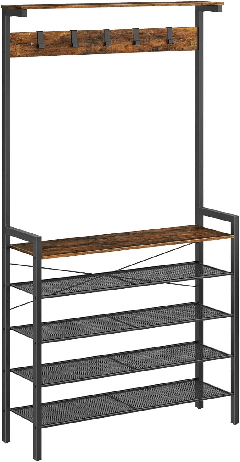 HOOBRO Hall Tree with Bench, Coat Rack Shoe Storage, Rustic Brown, Black