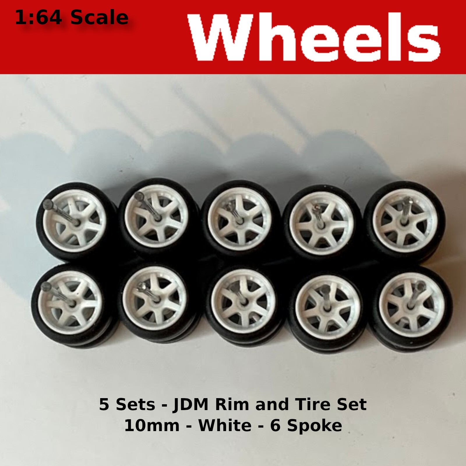 5 Sets - 10mm/10mm ECO JDM White rims 6 spoke rubber tire sets.  for Hot Wheels