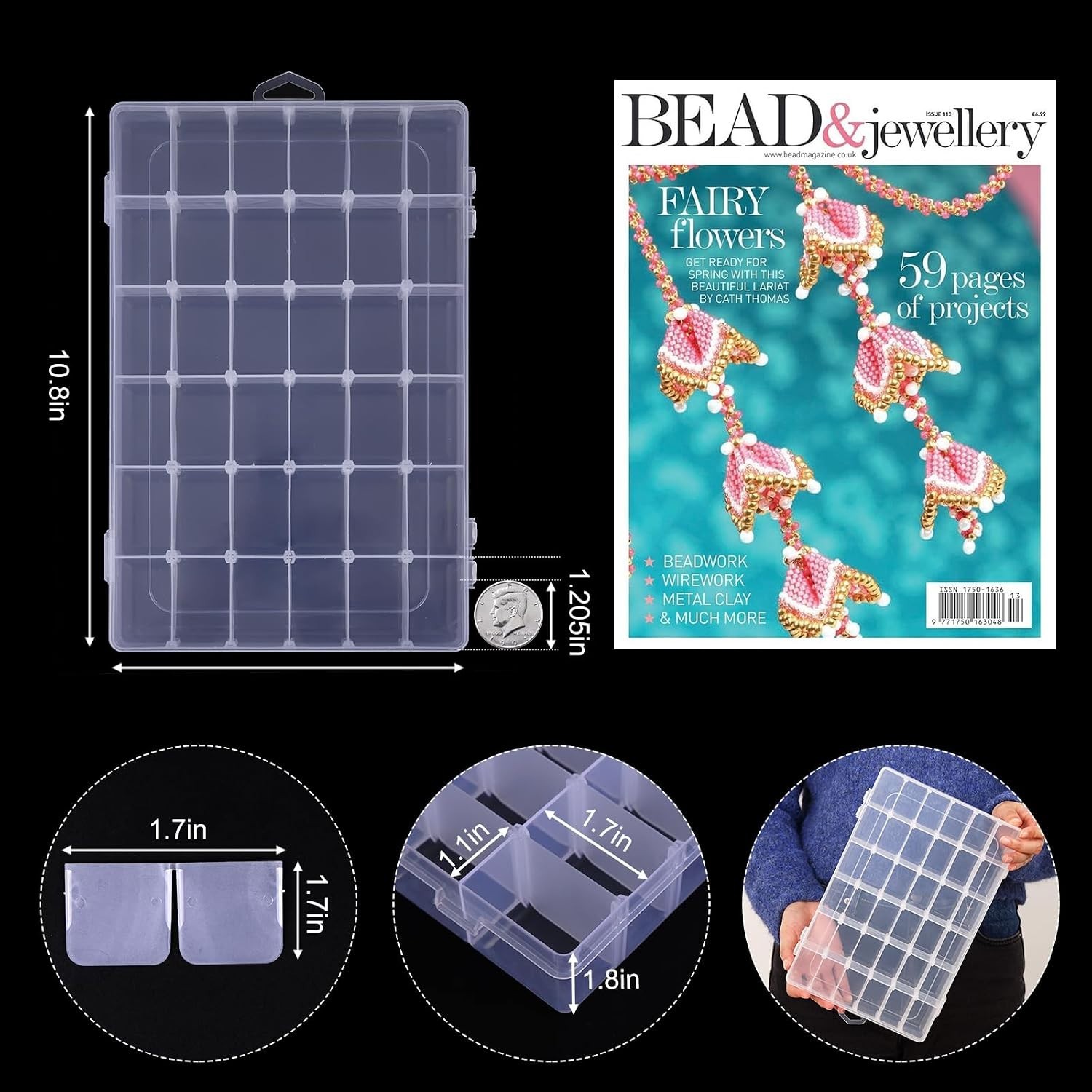 Transparent Bead Organizer Set - 4 Boxes with 36 Adjustable Compartments