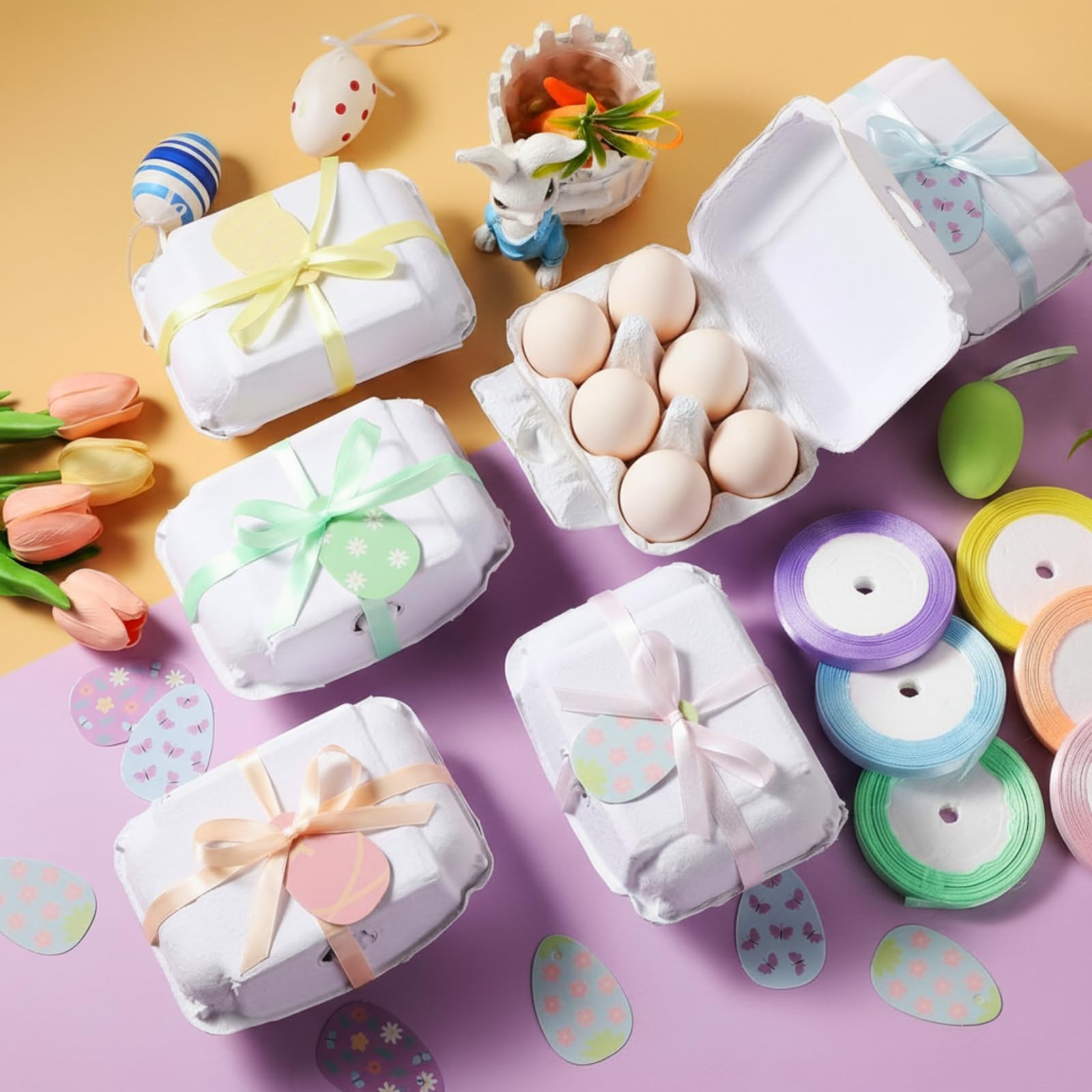 24 PCS 6 Count Easter Egg Cartons White Natural Pulp With Ribbon Gift