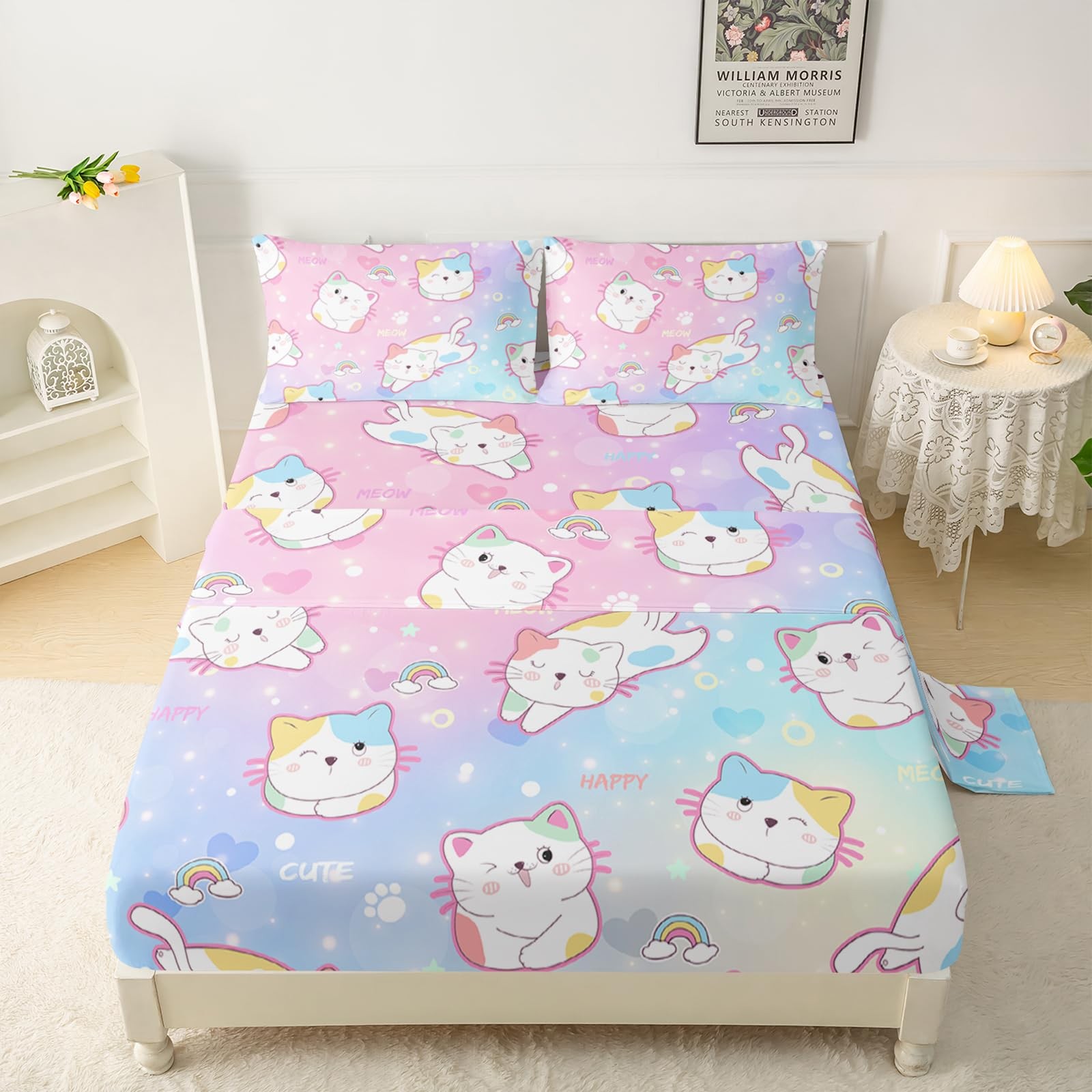 QOOMO Rainbow Gradient Color Bedding for Boys and Girls Cartoon Cute Kitten S...