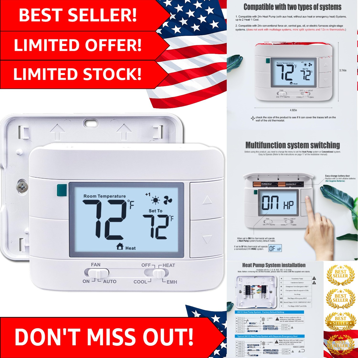Accurate 2 Heat/1 Cool Thermostat with User-Friendly Controls and Backup Power
