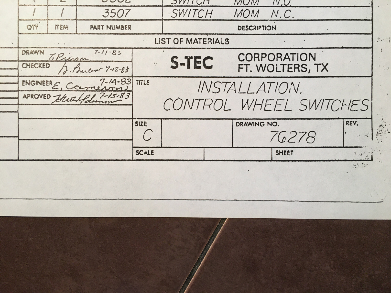 S-tec Control Wheel Switches Installation Schematic for Beech Bonanza