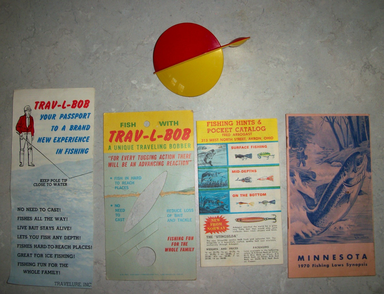 TRAV-L-BOB Bobber, Fred Arbogast Pocket Catalog, Minnesota 1970 Fishing Laws