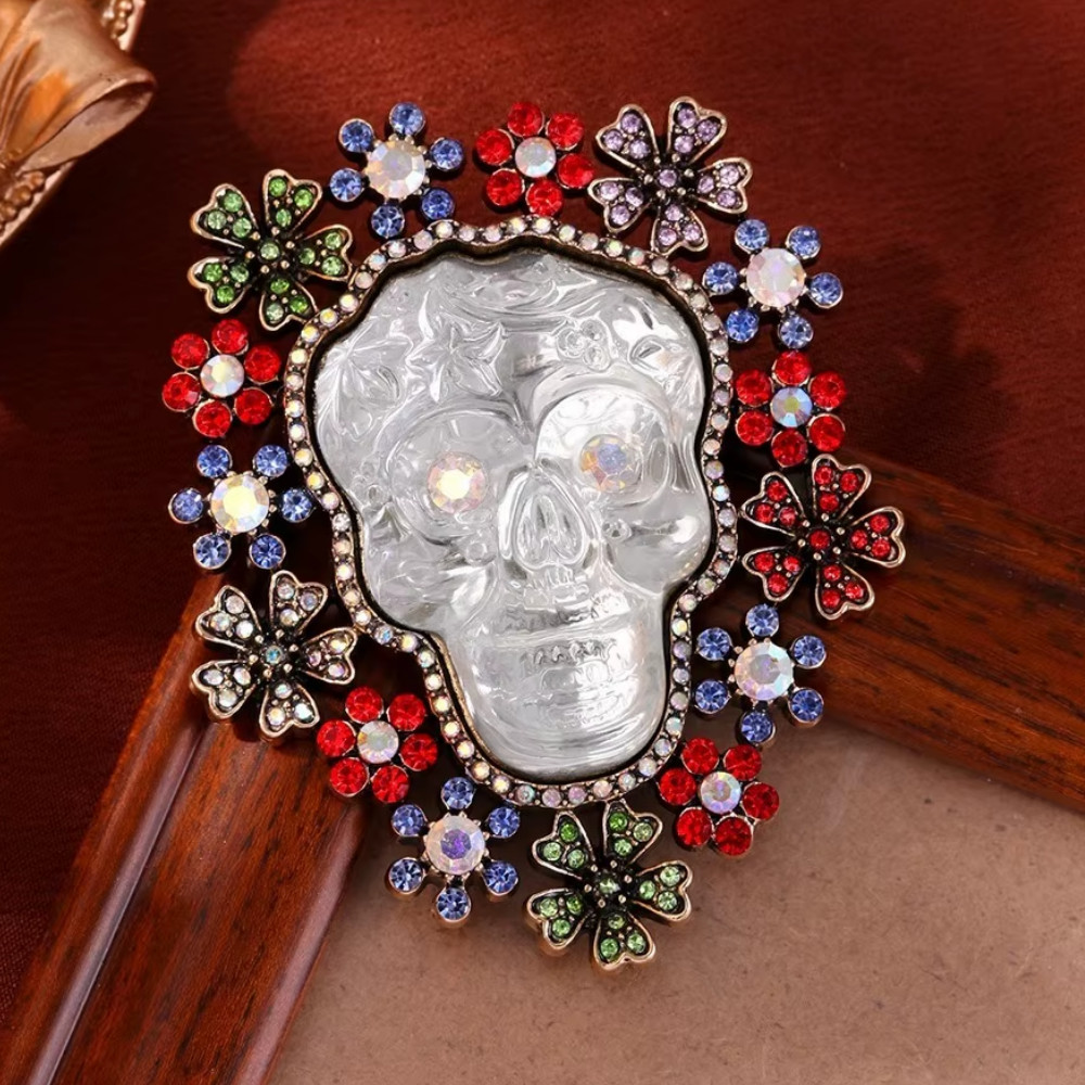LARGE Halloween Multicolor Flower Crystal Sparkly Skull Brooch Day of the Dead