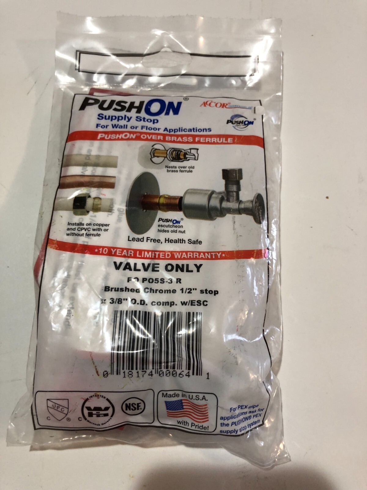 Shark Bite Style  PushOn Supply Stop Valve 1/2 x 3/8 over Brass Ferrule