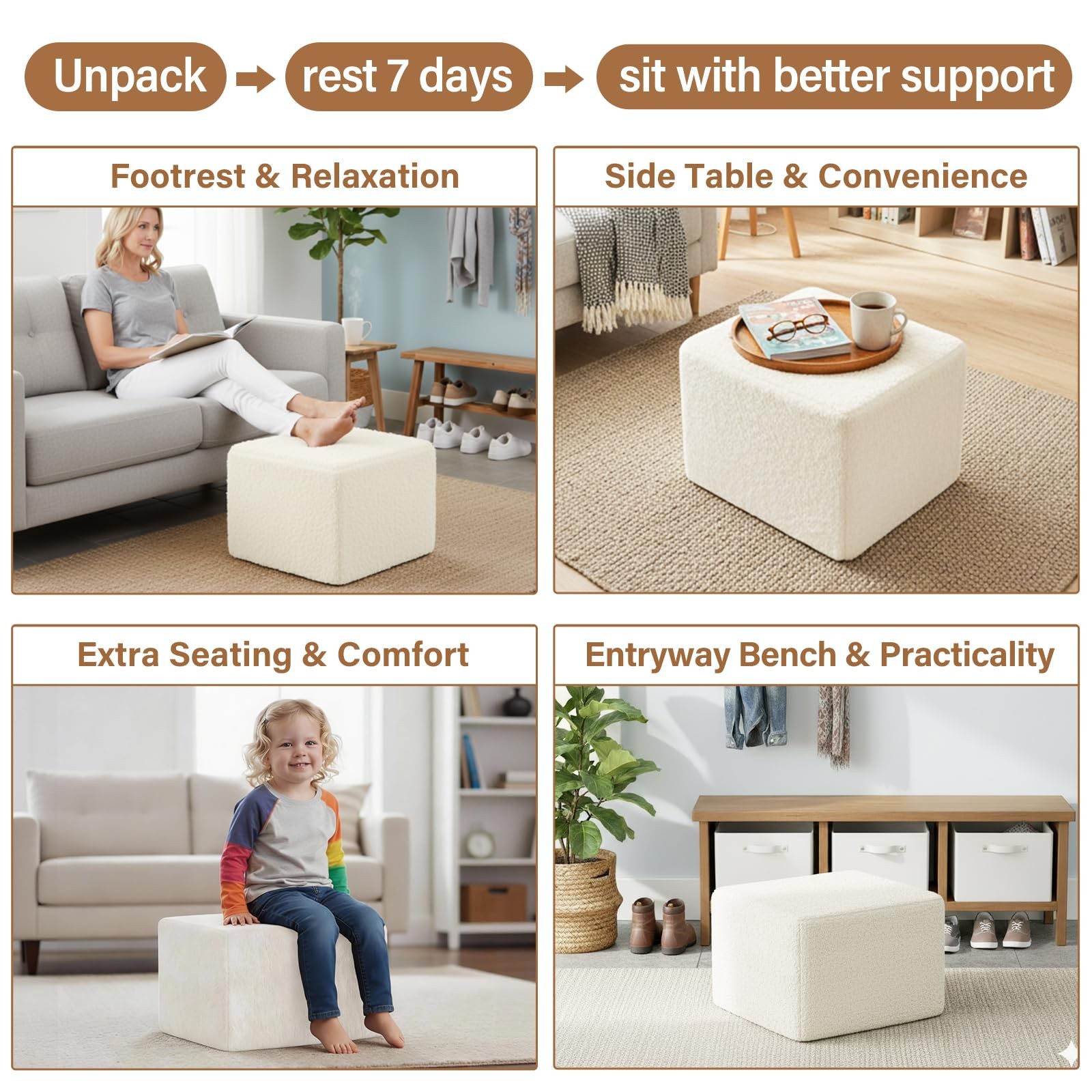 Square Stuffed Pouf Ottoman, Plush Poufs with Foam Chunk Filling, Foot Rest S...