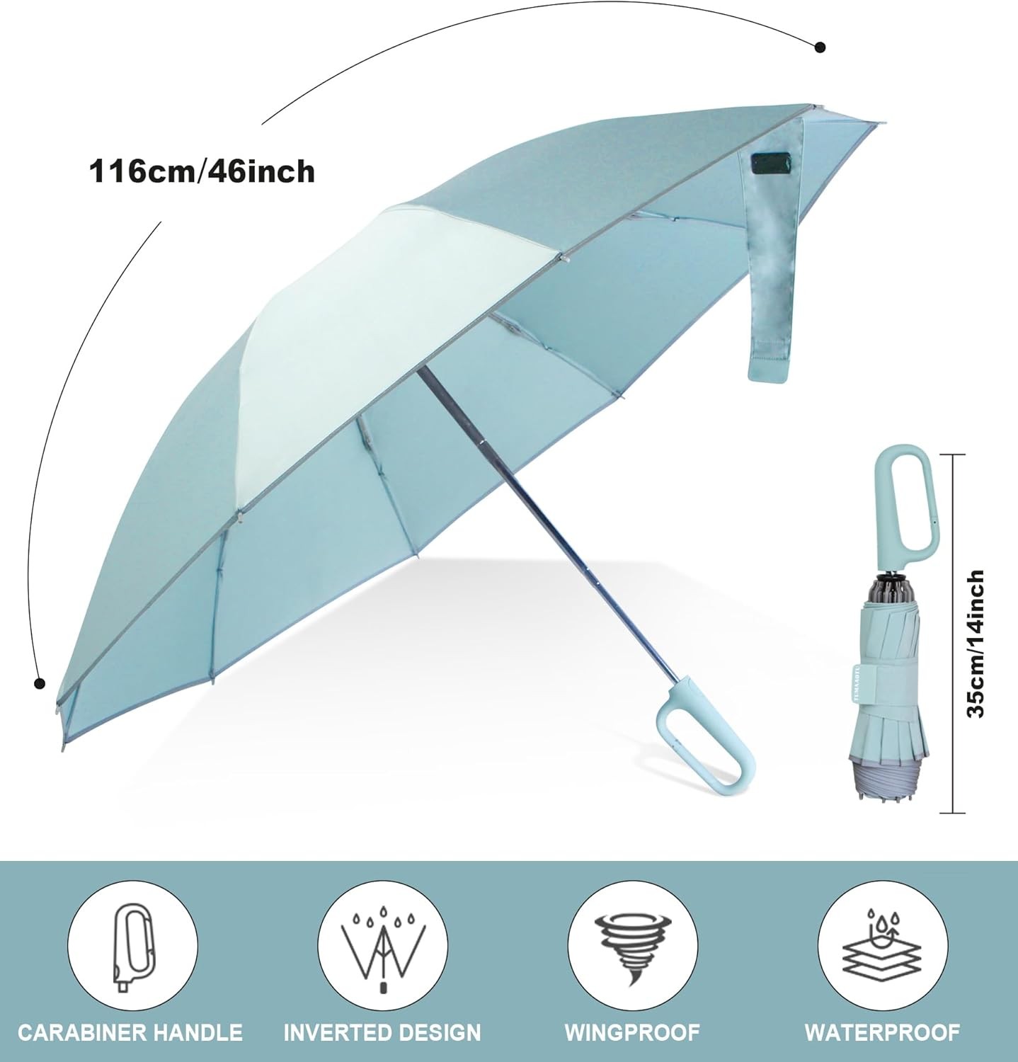 QWB TUMAAOTU Inverted Umbrella with Carabiner Handle, Wind Proof 1-green