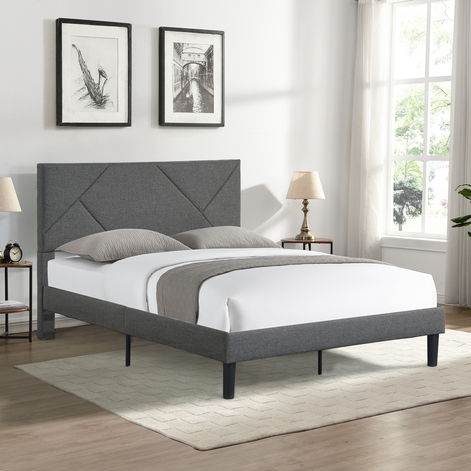 Full Size Upholstered Platform Bed Frame with Headboard, Strong Wood Slat Suppor