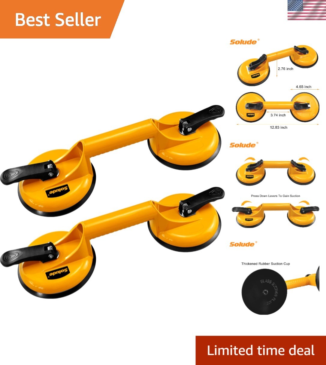 2 Pack Heavy Duty Aluminum Glass Suction Cups with 198lb Lifting Capacity