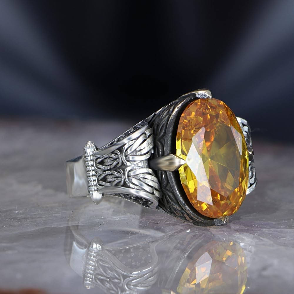 Byzantine Chain Design 925 Sterling Silver Citrine Stone Men's Ring, Handmade
