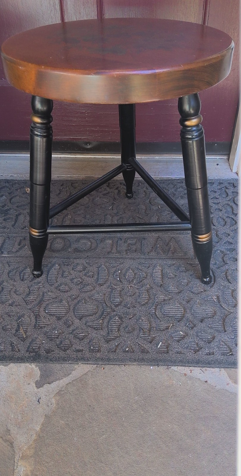Vintage L Hitchcock Maple Stool w/ Floral Stencil + Three Legs - Black +Natural