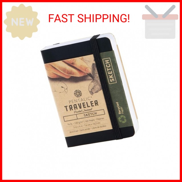 Pentalic 3" x 4" Pocket Sketchbook Traveler Journal, 160 Pages, Black