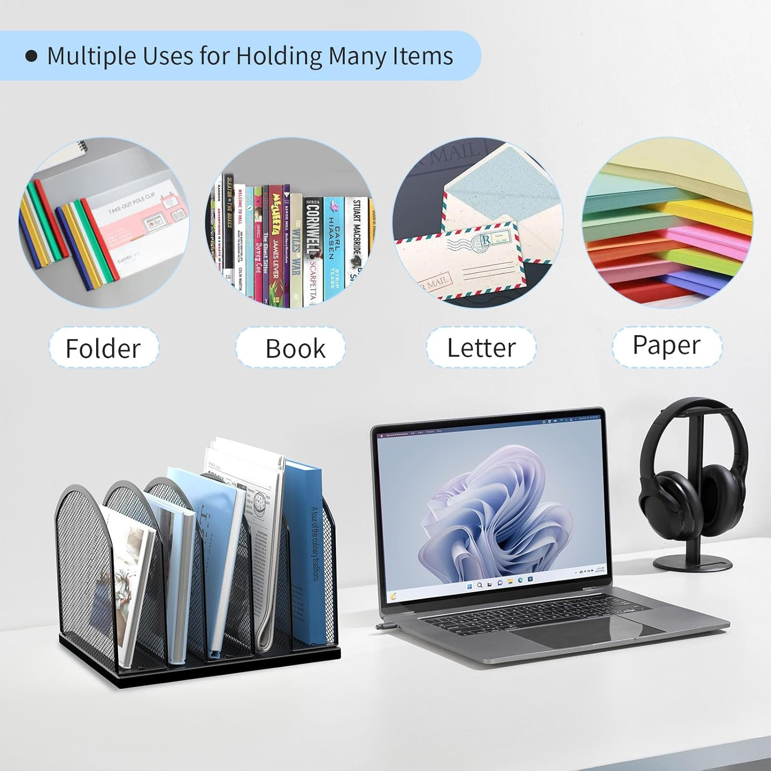 5-Section Mesh File Folder Stand Sorter Vertical Desktop Organizer