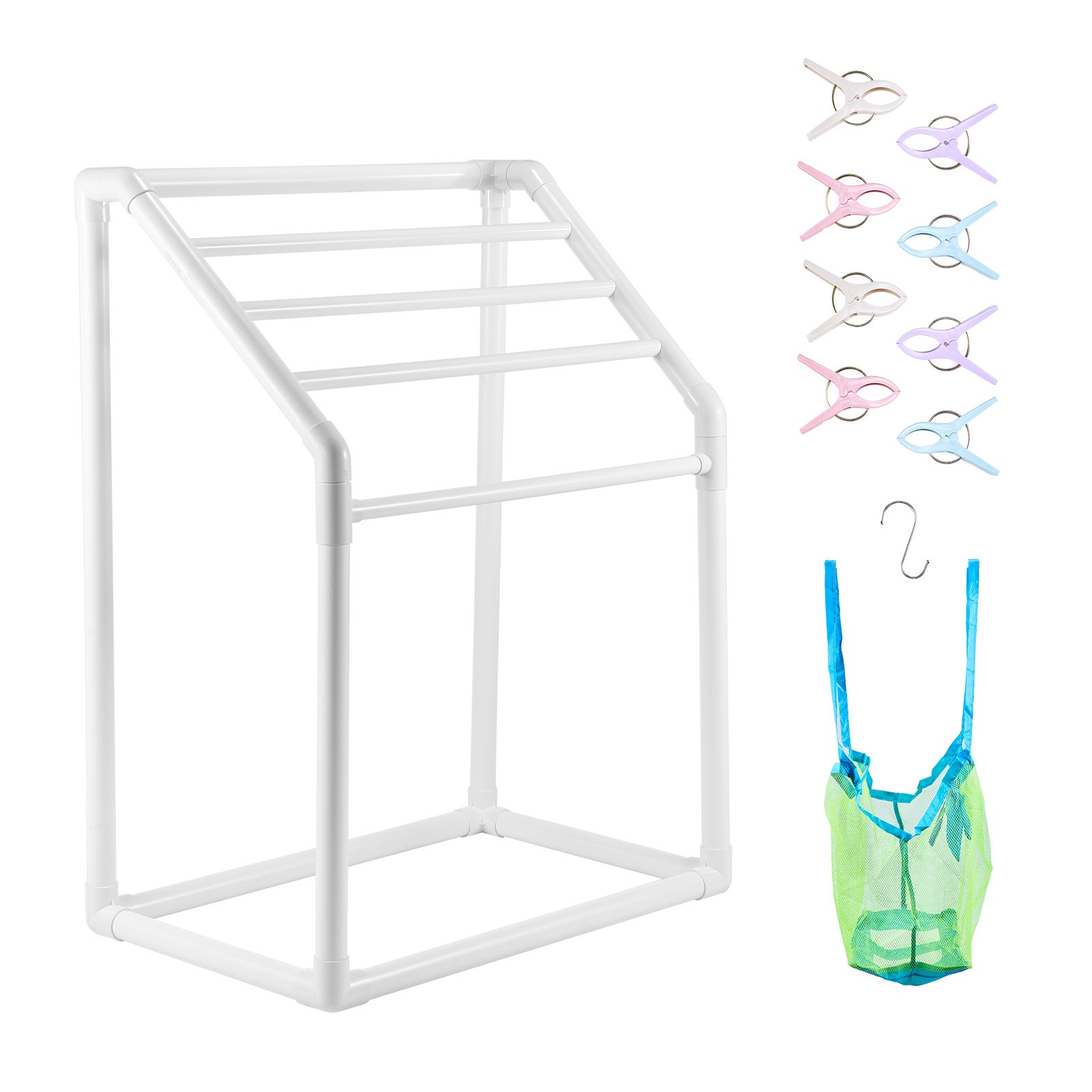 Uimoso Towel Rack 5 Bars Outdoor PVC Towel Holder with Clips Bag & Hook White
