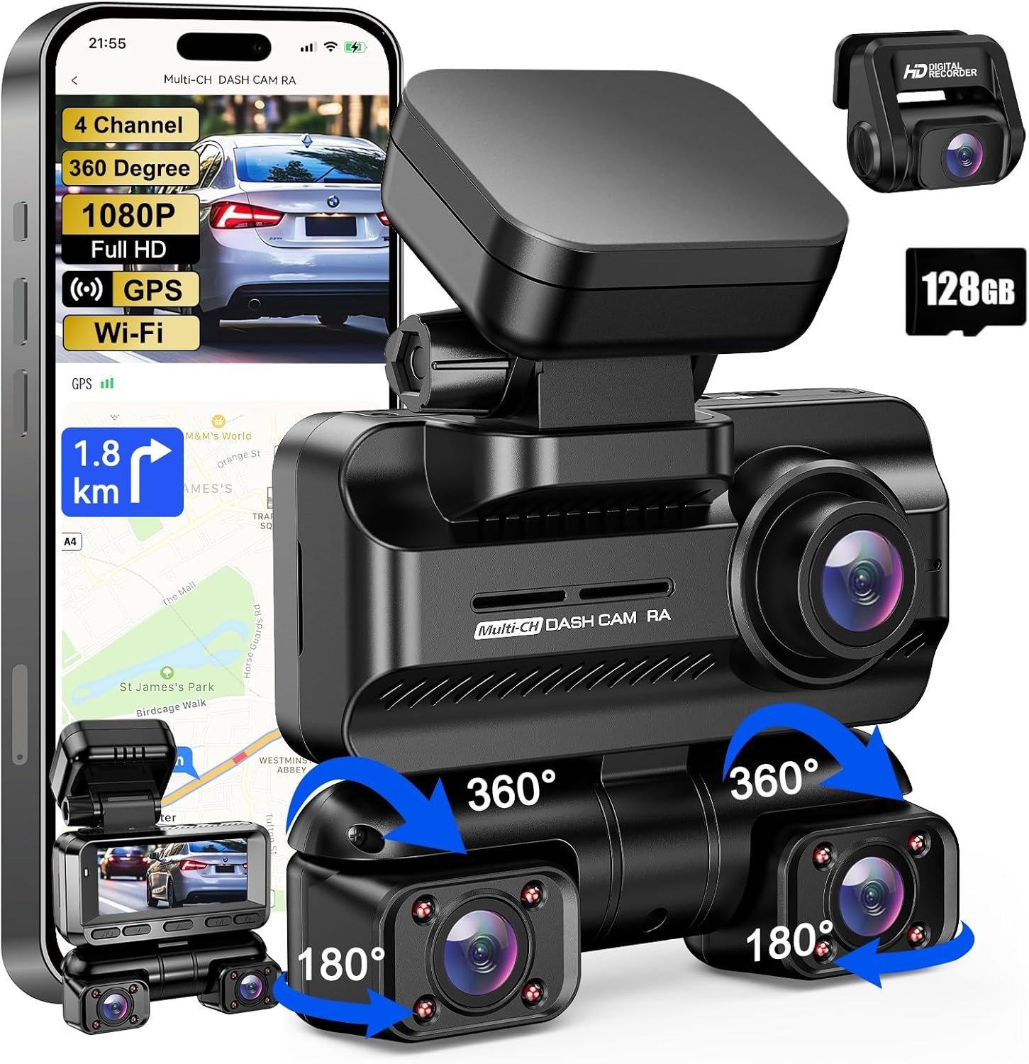 4 Channel 360° 4K Front Rear Inside Dash Cam Night Vision Wi-Fi GPS 128G XJDC001