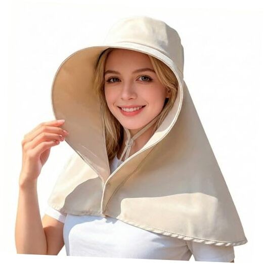Wide Brim Sun Hats with Neck Flap Shawl for Women UV Protection Summer Beige
