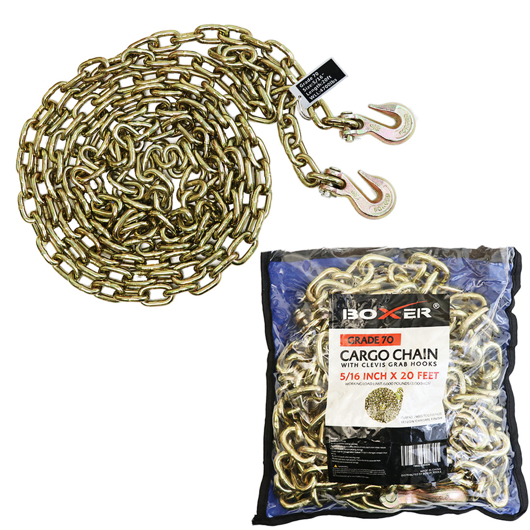 BoxerTool  5/16'' x 20' G70 Tow Chain Tie Down Binder Chain with Hooks 18,800lbs