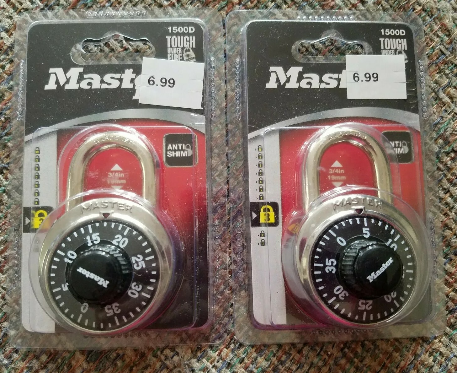 Master Lock Dial Padlock 1-7/8" wide Anti Shim 1500D 2 pack black