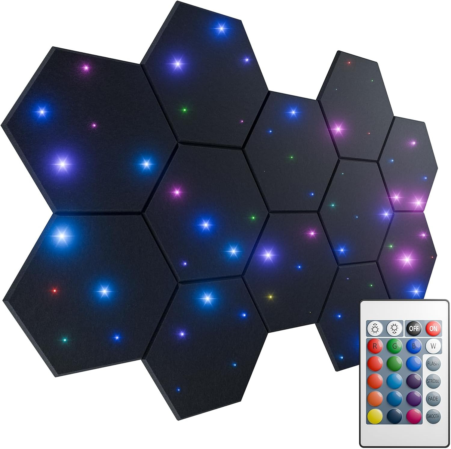 Hexagon Soundproof Foam Panels - 12 Pack with Fiber Optic Starlight, Black