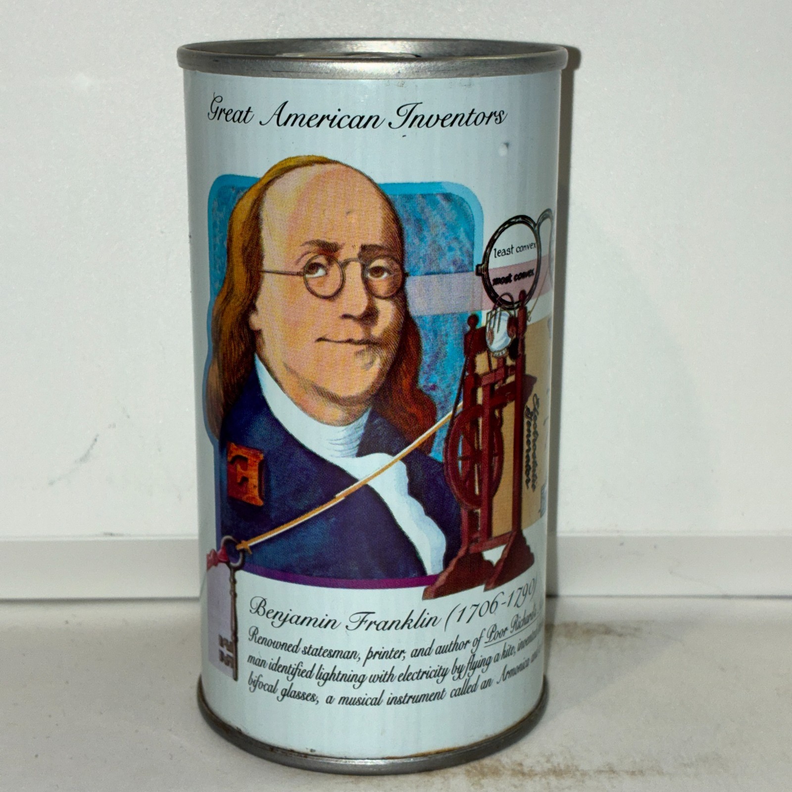 1976 Bicentennial American Inventors, Benjamin Franklin, Graf's Cherry soda can