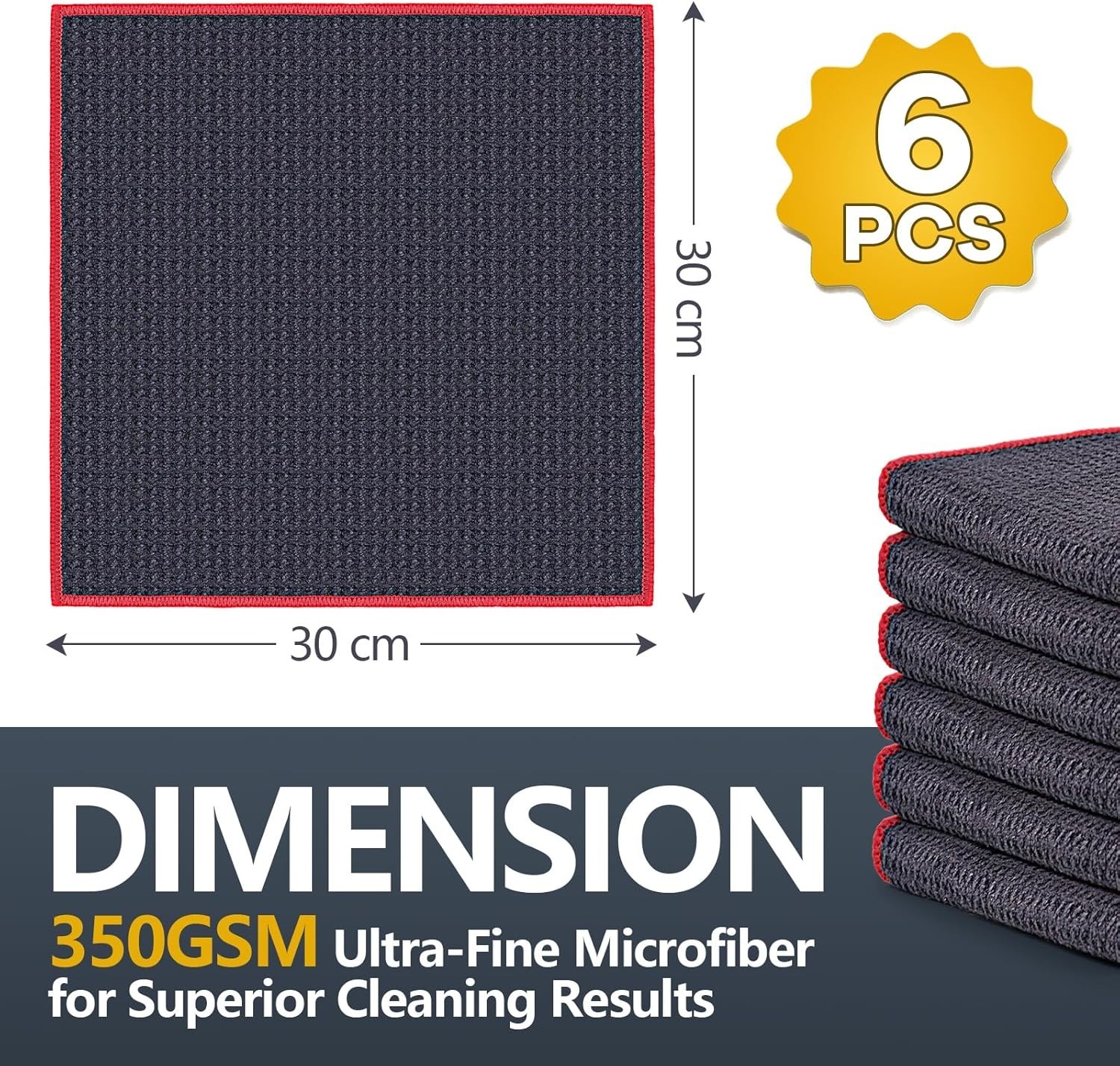 Absorbent Microfiber Cleaning Cloths - Quick Drying, 12x12, 6 Pack