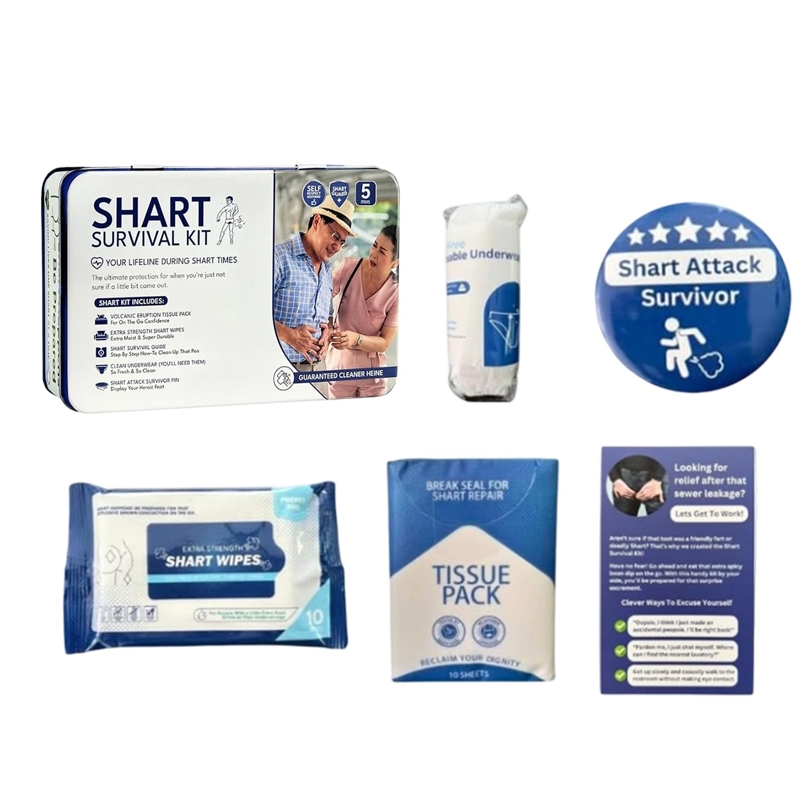 Blue Shart Survival Kit Funny Gift Underwear Tissues & Sharting Survival Badge