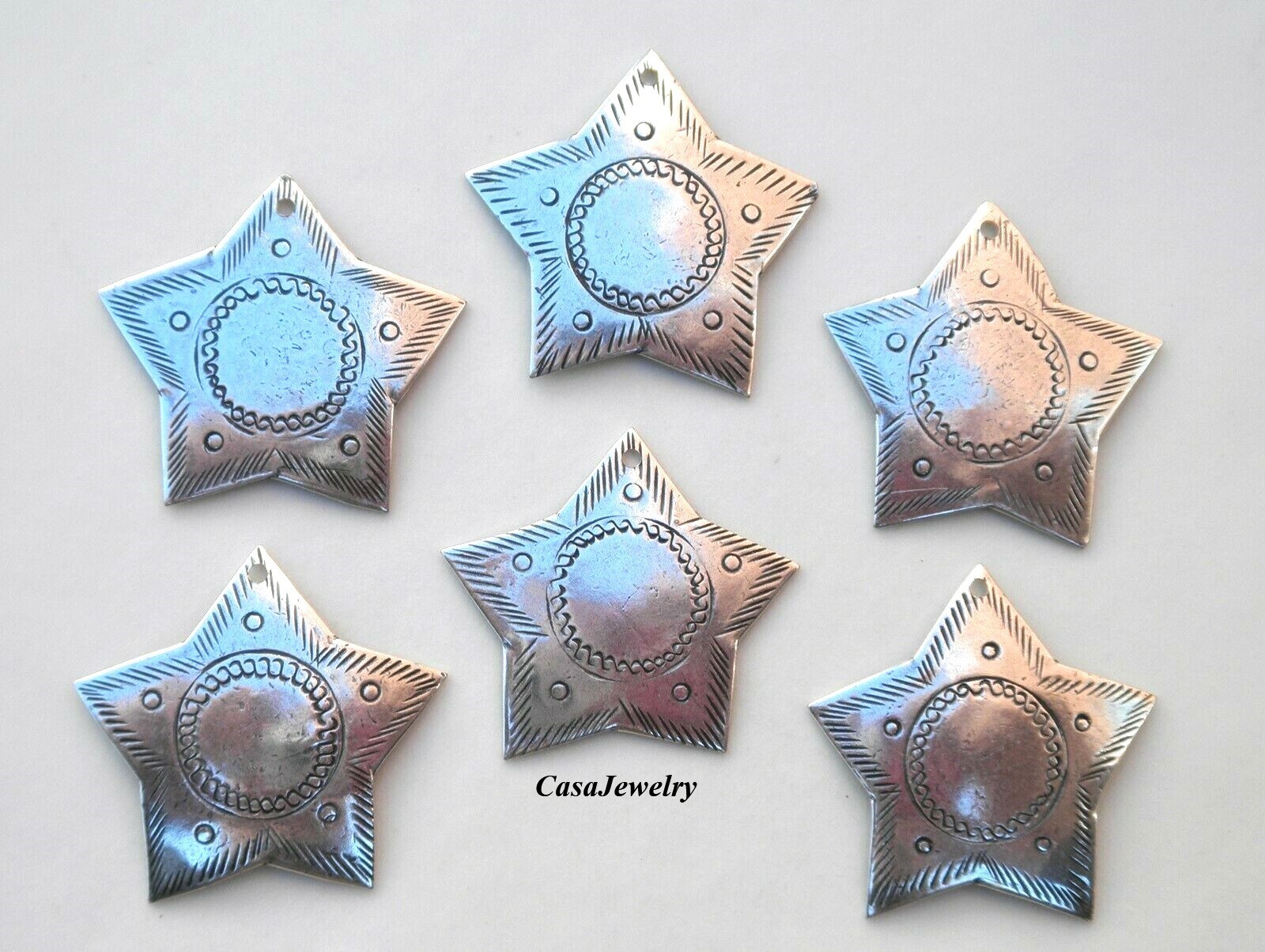 #4207 SM ANTIQUED STERLING S/P HILL TRIBE 5 PT STAR W/TOP HANG HOLE - 6 Pc Lot