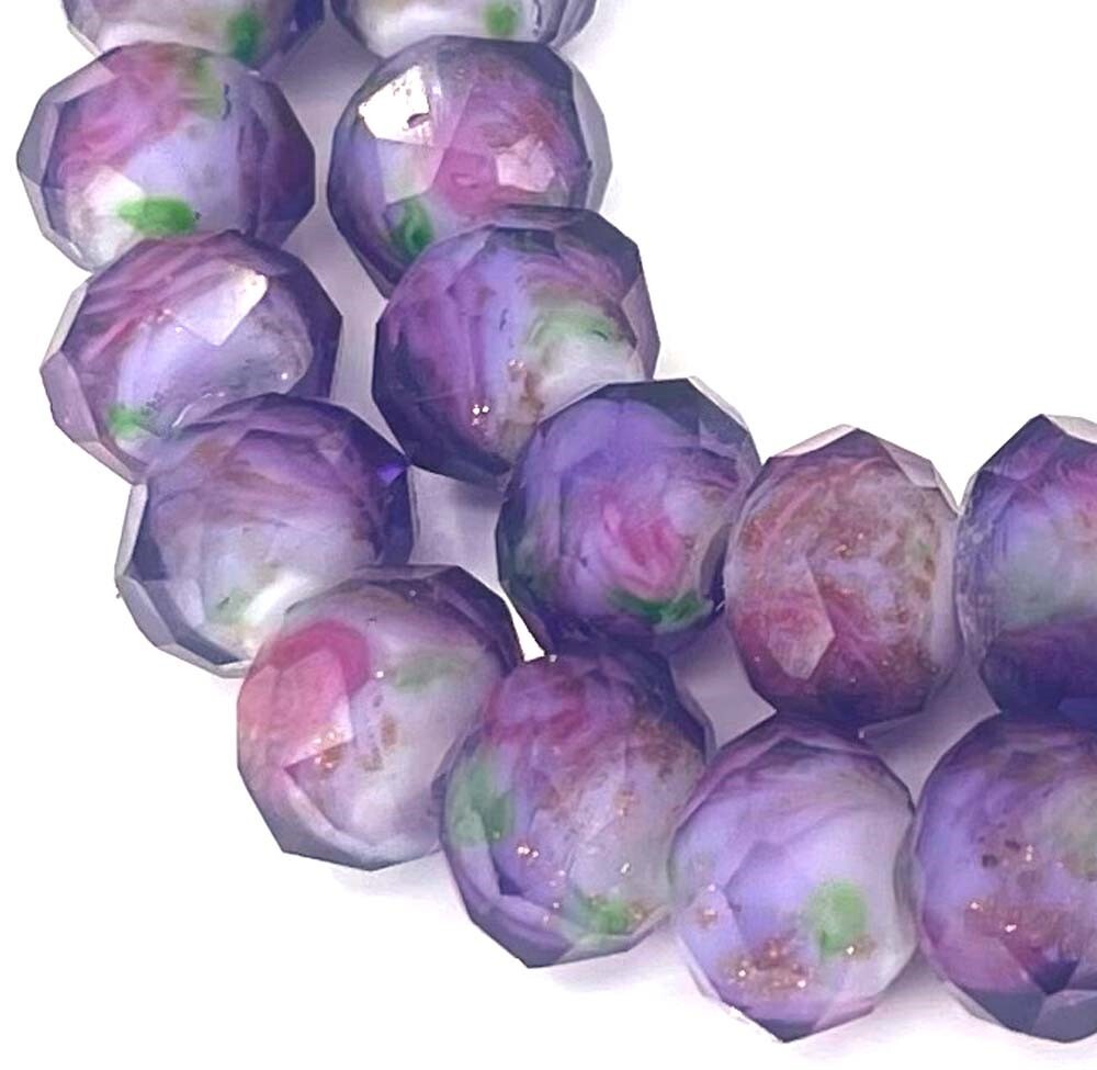 14 Czech Glass Faceted Rondelle Beads - Encased Rose Flower Purple 10x8mm