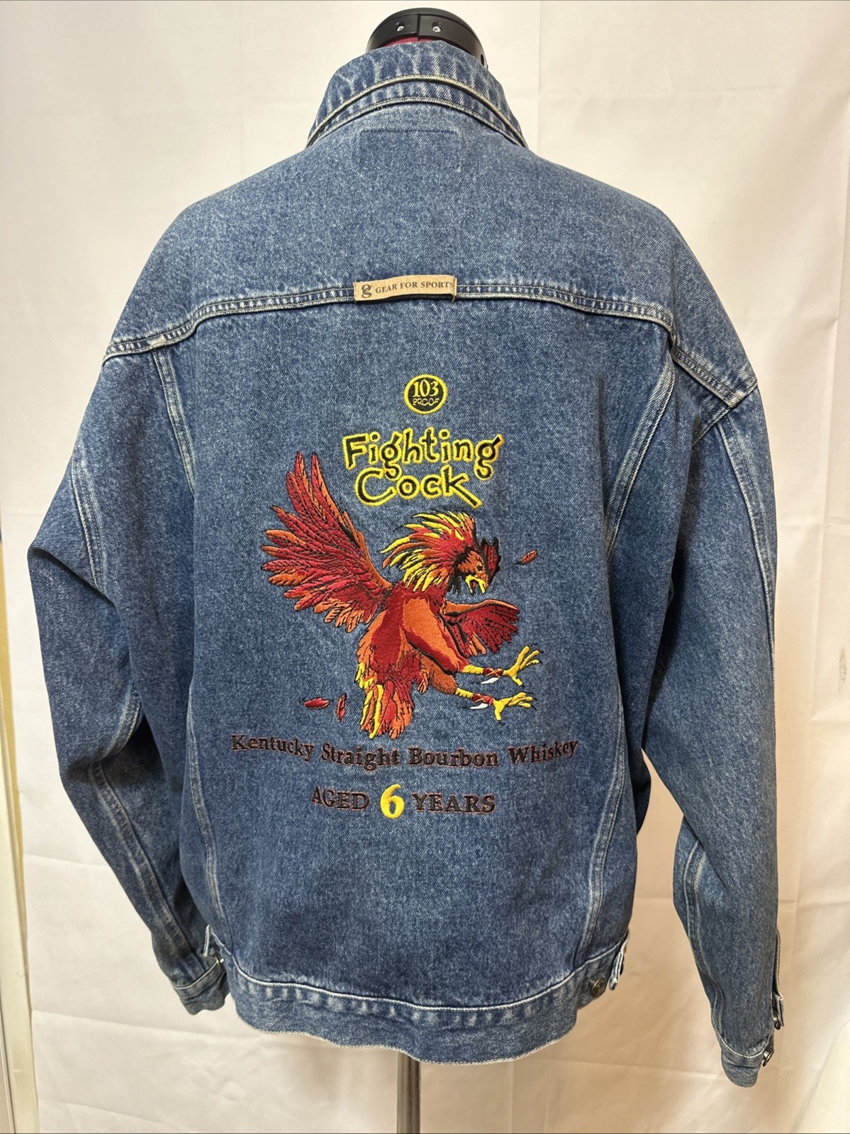 Rare Red Fighting Cock Bourbon Denim Jacket Men Size Large