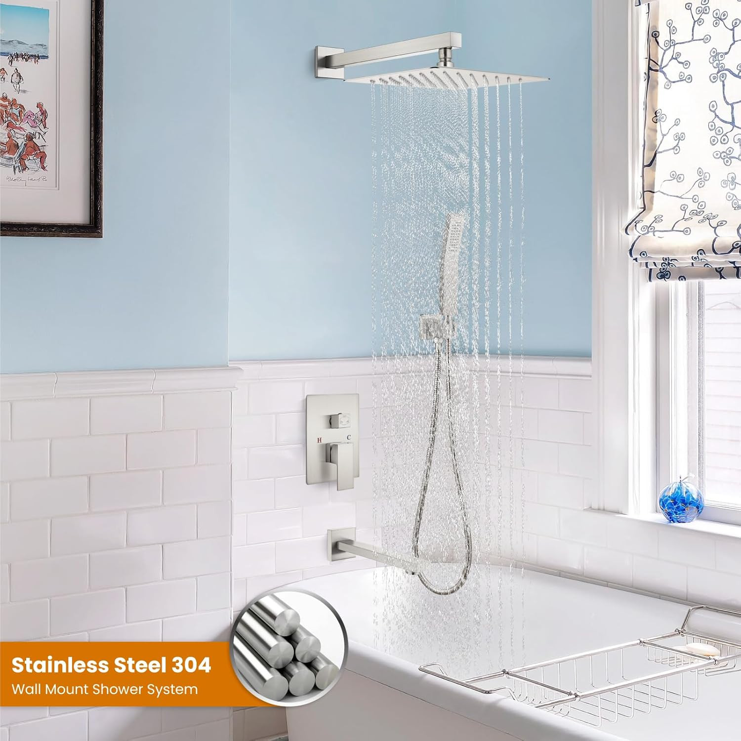 Brushed Nickel 3-Function Shower System with Rainfall Head & Handheld Spray