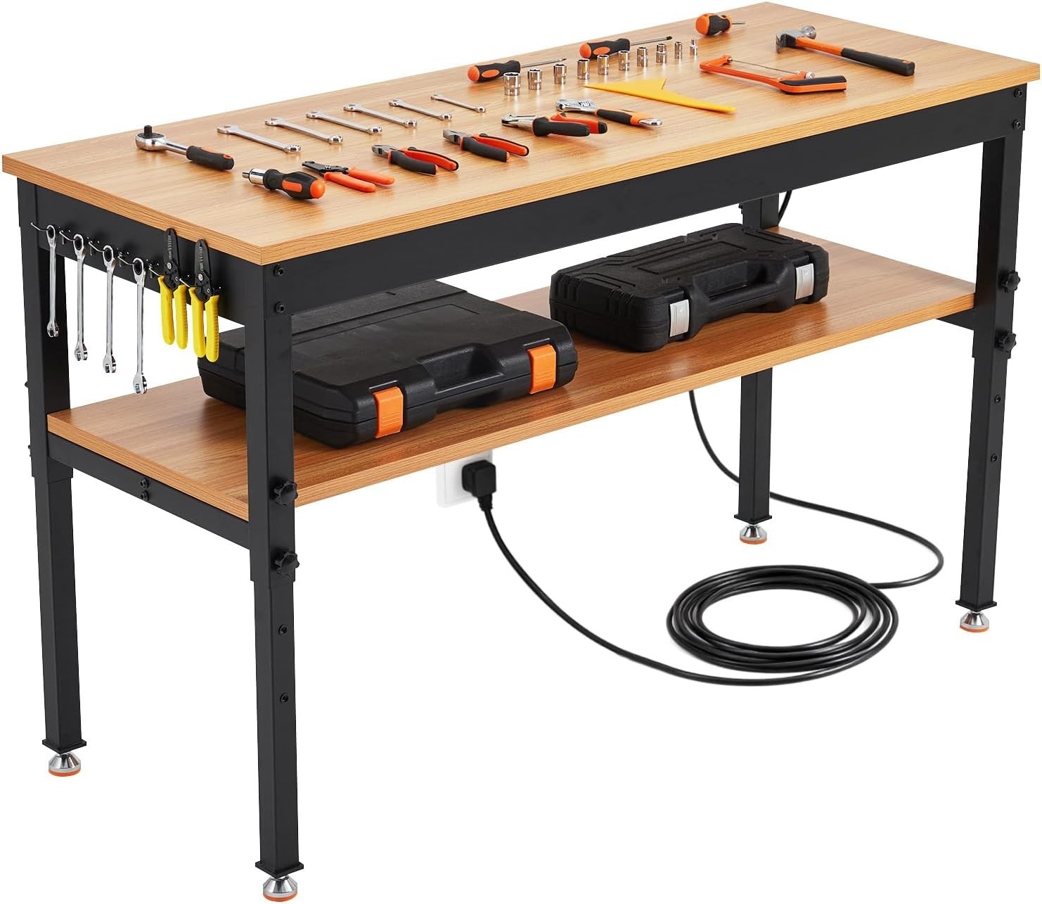 60" Work Bench Adjustable Height Workbench with Storage Shelf and Power Outlet