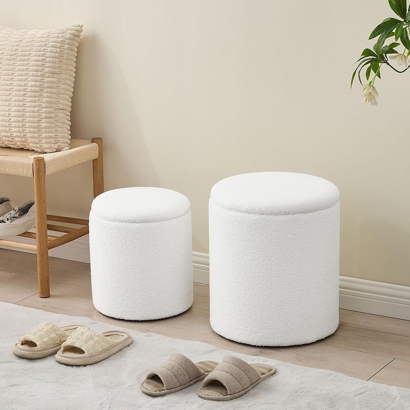 Round Velvet Ottoman Storage Stool Nesting Set Multifunctional Footrest 2-in-1