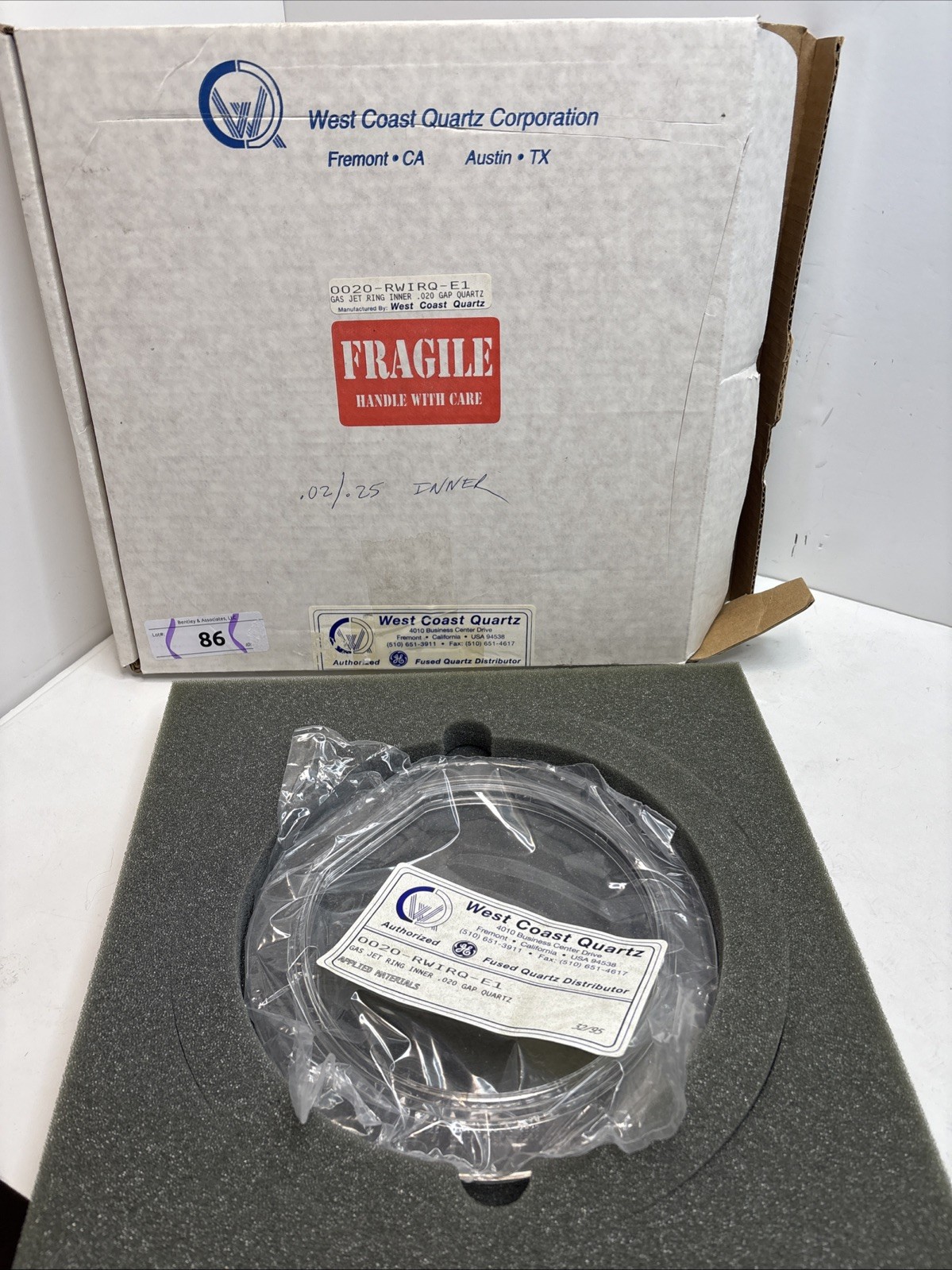 West Coast Quartz Gas Jet Ring Inner .20 Gap Quartz.  0020-RWIRQ-E1