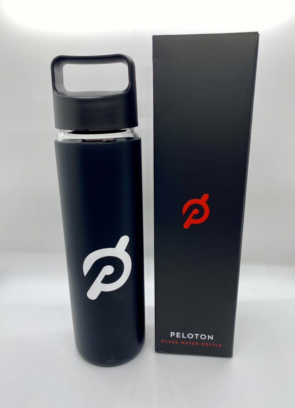 Peloton Water Bottle Black Glass Silicone Non-Slip Logo Screw Top 16oz NIB