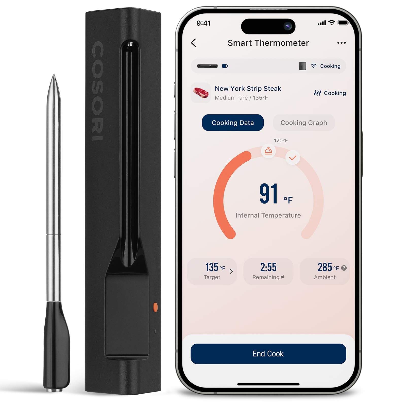 COSORI Wireless Meat Thermometer Digital, Bluetooth Food Stainless Steel