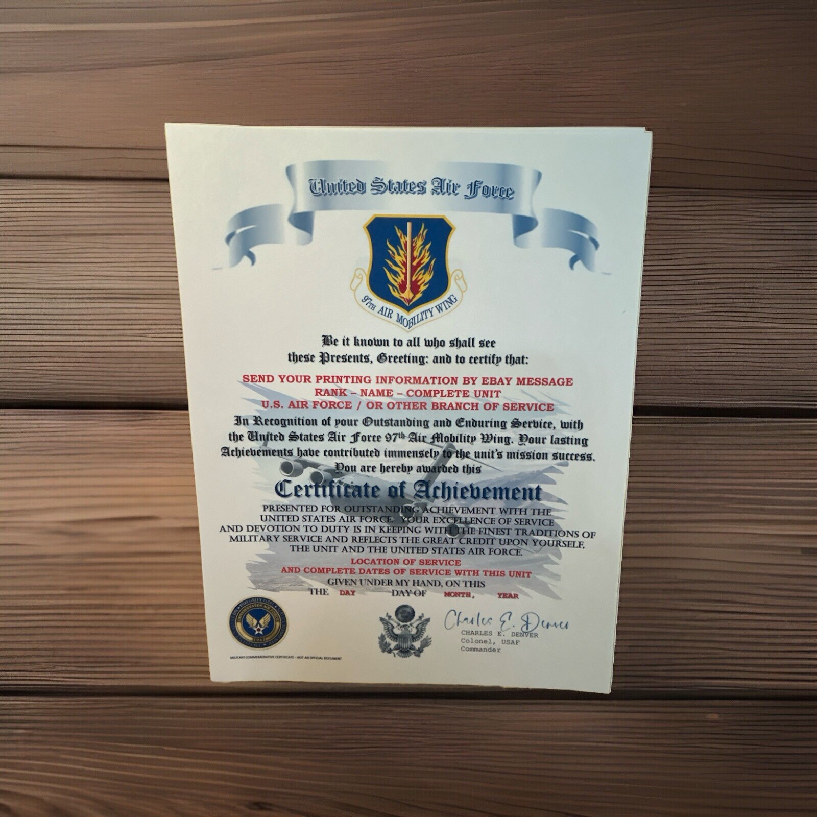 U.S.A.F. / AIR FORCE 97TH AIR MOBILITY WING - CERTIFICATE OF ACHIEVEMENT