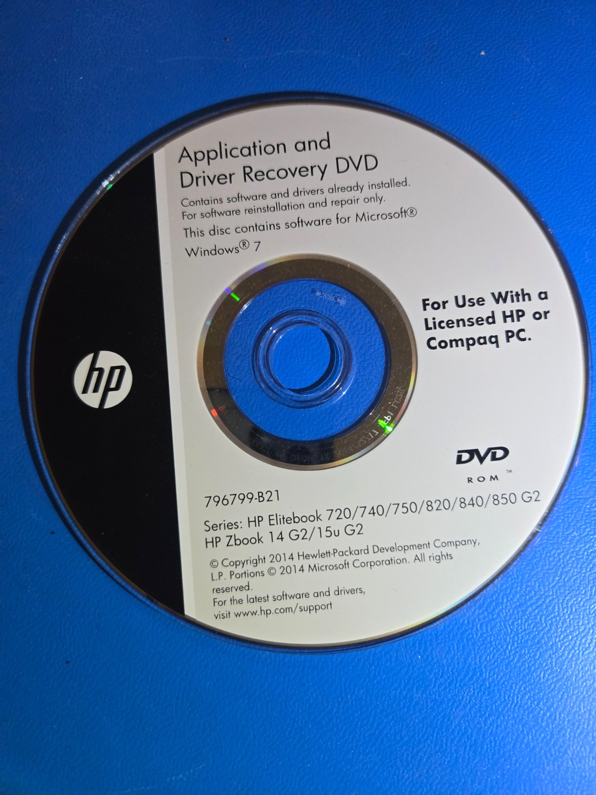 HP Windows 7 Application & Driver Recovery DVD 796799-B21 EliteBook ZBook OEM